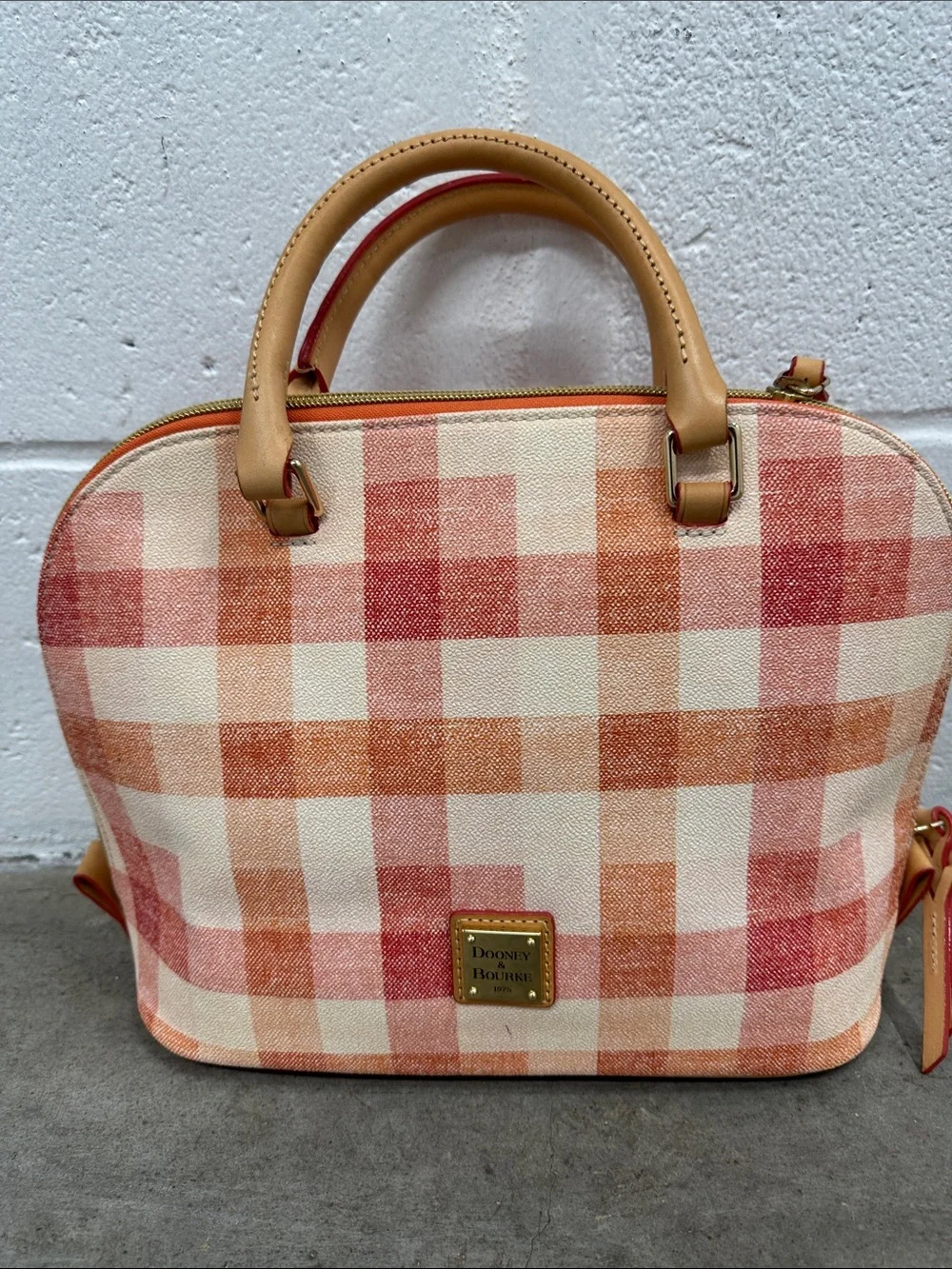 Dooney & Bourke Orange and Cream Plaid Satchel with Tan Trim